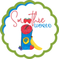 A marker-drawn Smoothie World Logo, showing a smoothie with a straw in it and a banana leaning up on the left side, along-sige a strawberry and blueberry